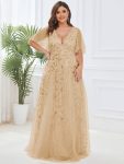 Shimmery V Neck Ruffle Sleeves Sequin Maxi Long Evening Dress – Gold