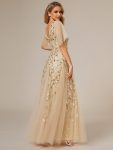 Shimmery V Neck Ruffle Sleeves Sequin Maxi Long Evening Dress – Gold