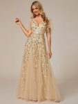 Shimmery V Neck Ruffle Sleeves Sequin Maxi Long Evening Dress – Gold