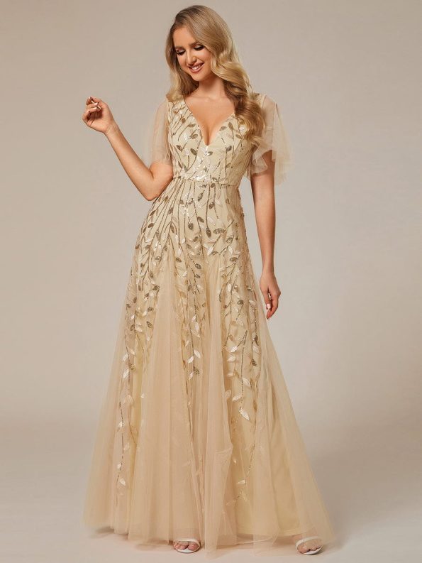 Shimmery V Neck Ruffle Sleeves Sequin Maxi Long Evening Dress - Gold