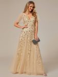 Shimmery V Neck Ruffle Sleeves Sequin Maxi Long Evening Dress – Gold