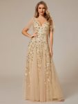 Shimmery V Neck Ruffle Sleeves Sequin Maxi Long Evening Dress – Gold