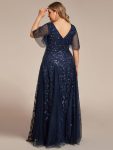 Shimmery V Neck Ruffle Sleeves Sequin Maxi Long Evening Dress – Navy Blue