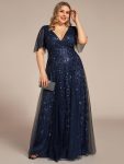 Shimmery V Neck Ruffle Sleeves Sequin Maxi Long Evening Dress – Navy Blue