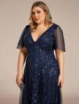 Shimmery V Neck Ruffle Sleeves Sequin Maxi Long Evening Dress – Navy Blue