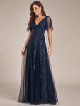 Shimmery V Neck Ruffle Sleeves Sequin Maxi Long Evening Dress – Navy Blue