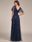 Shimmery V Neck Ruffle Sleeves Sequin Maxi Long Evening Dress – Navy Blue