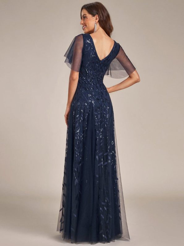 Shimmery V Neck Ruffle Sleeves Sequin Maxi Long Evening Dress - Navy Blue