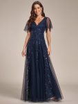 Shimmery V Neck Ruffle Sleeves Sequin Maxi Long Evening Dress - Navy Blue