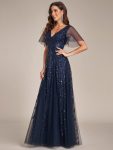 Shimmery V Neck Ruffle Sleeves Sequin Maxi Long Evening Dress – Navy Blue