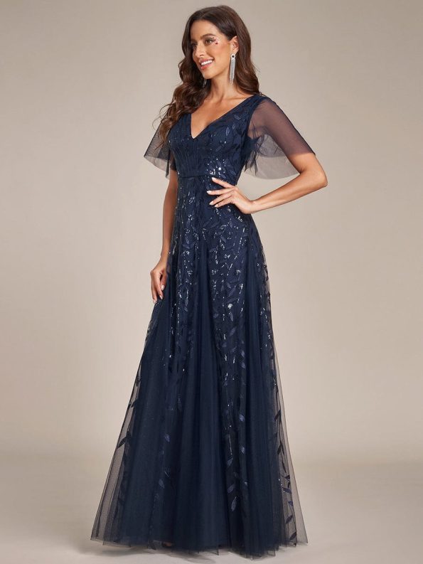 Shimmery V Neck Ruffle Sleeves Sequin Maxi Long Evening Dress - Navy Blue