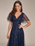 Shimmery V Neck Ruffle Sleeves Sequin Maxi Long Evening Dress – Navy Blue