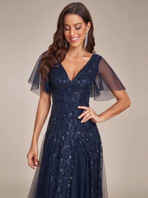 Shimmery V Neck Ruffle Sleeves Sequin Maxi Long Evening Dress - Navy Blue