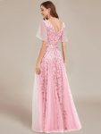 Shimmery V Neck Ruffle Sleeves Sequin Maxi Long Evening Dress – Pink