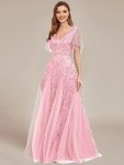 Shimmery V Neck Ruffle Sleeves Sequin Maxi Long Evening Dress – Pink