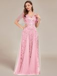 Shimmery V Neck Ruffle Sleeves Sequin Maxi Long Evening Dress - Pink