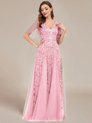 Shimmery V Neck Ruffle Sleeves Sequin Maxi Long Evening Dress - Pink