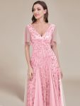 Shimmery V Neck Ruffle Sleeves Sequin Maxi Long Evening Dress – Pink