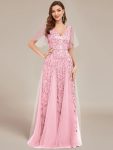 Shimmery V Neck Ruffle Sleeves Sequin Maxi Long Evening Dress – Pink