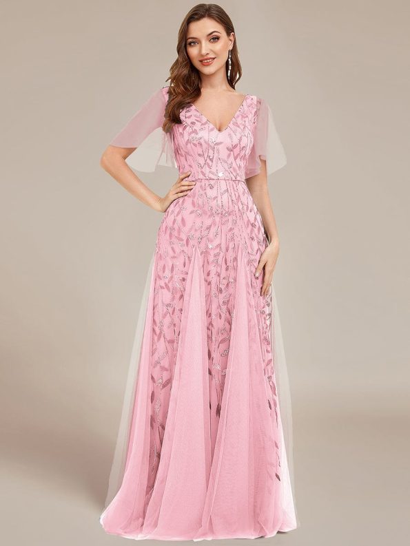 Shimmery V Neck Ruffle Sleeves Sequin Maxi Long Evening Dress - Pink