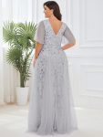 Shimmery V Neck Ruffle Sleeves Sequin Maxi Long Evening Dress – Silver