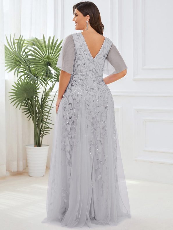 Shimmery V Neck Ruffle Sleeves Sequin Maxi Long Evening Dress - Silver