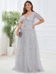 Shimmery V Neck Ruffle Sleeves Sequin Maxi Long Evening Dress – Silver