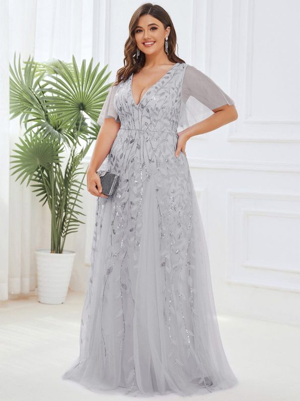 Shimmery V Neck Ruffle Sleeves Sequin Maxi Long Evening Dress - Silver