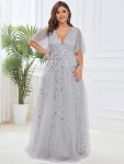 Shimmery V Neck Ruffle Sleeves Sequin Maxi Long Evening Dress – Silver