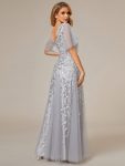 Shimmery V Neck Ruffle Sleeves Sequin Maxi Long Evening Dress – Silver