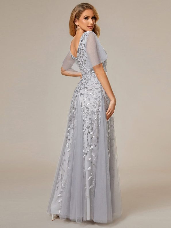 Shimmery V Neck Ruffle Sleeves Sequin Maxi Long Evening Dress - Silver