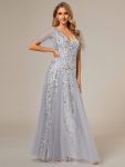 Shimmery V Neck Ruffle Sleeves Sequin Maxi Long Evening Dress – Silver