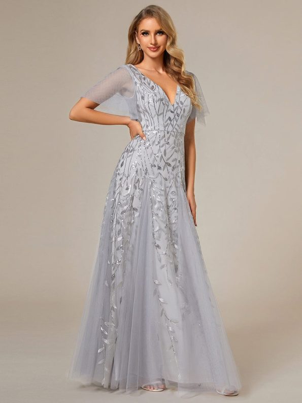 Shimmery V Neck Ruffle Sleeves Sequin Maxi Long Evening Dress - Silver