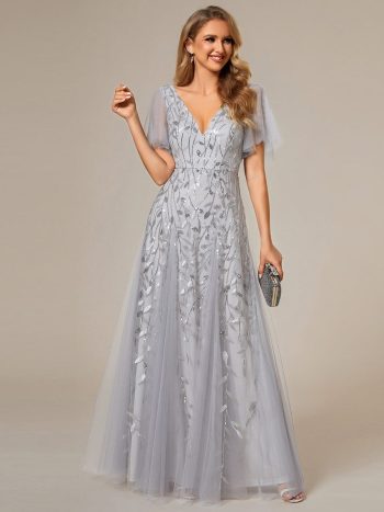 Shimmery V Neck Ruffle Sleeves Sequin Maxi Long Evening Dress - Silver