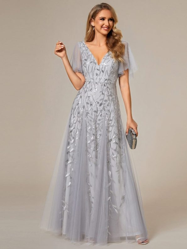 Shimmery V Neck Ruffle Sleeves Sequin Maxi Long Evening Dress - Silver