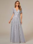 Shimmery V Neck Ruffle Sleeves Sequin Maxi Long Evening Dress – Silver