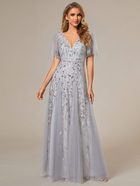 Shimmery V Neck Ruffle Sleeves Sequin Maxi Long Evening Dress - Silver