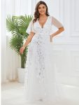 Shimmery V Neck Ruffle Sleeves Sequin Maxi Long Evening Dress – White