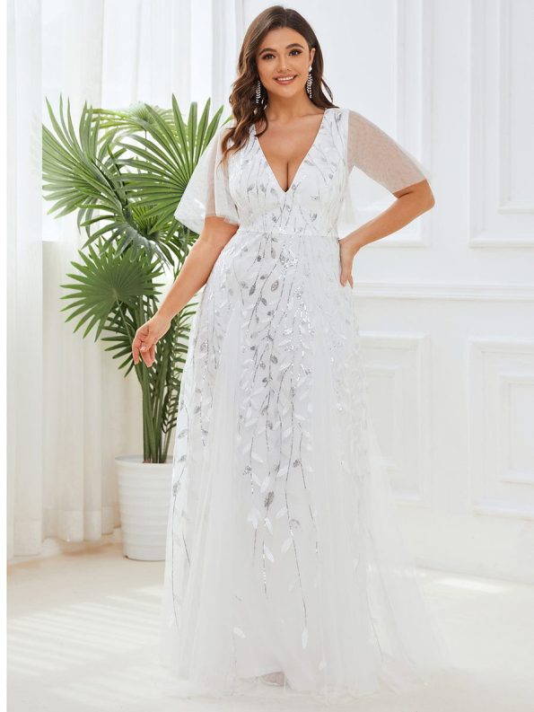 Shimmery V Neck Ruffle Sleeves Sequin Maxi Long Evening Dress - White