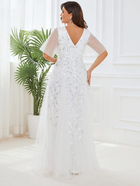 Shimmery V Neck Ruffle Sleeves Sequin Maxi Long Evening Dress - White