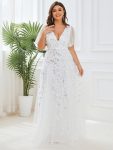 Shimmery V Neck Ruffle Sleeves Sequin Maxi Long Evening Dress – White