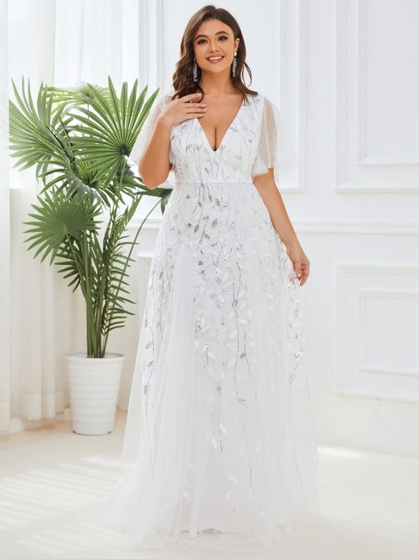 Shimmery V Neck Ruffle Sleeves Sequin Maxi Long Evening Dress - White