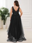 Plus Size Sleeveless Sequin Ribbon Waist Tulle High Low Evening Dress – Black