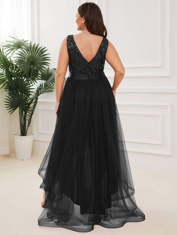 Plus Size Sleeveless Sequin Ribbon Waist Tulle High Low Evening Dress - Black