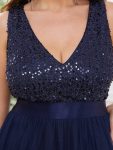 Plus Size Sleeveless Sequin Ribbon Waist Tulle High Low Evening Dress – Navy Blue