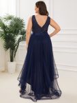 Plus Size Sleeveless Sequin Ribbon Waist Tulle High Low Evening Dress – Navy Blue