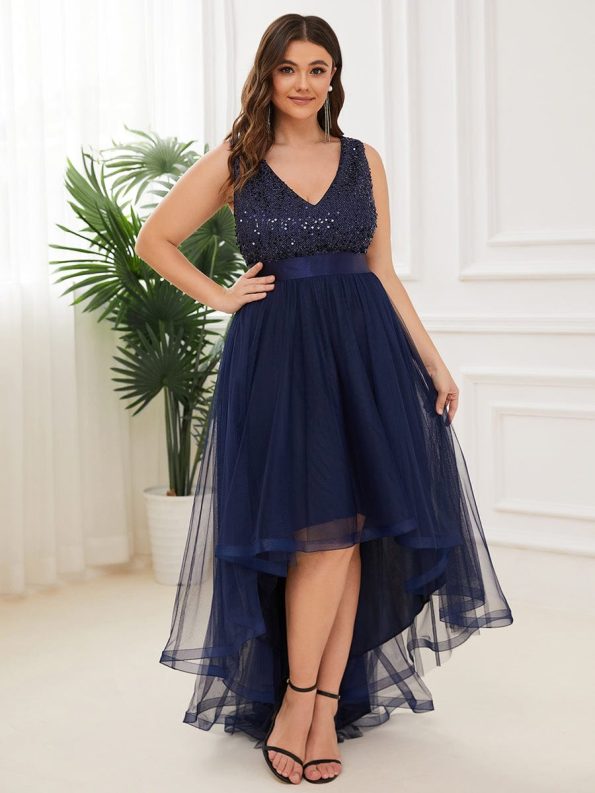 Plus Size Sleeveless Sequin Ribbon Waist Tulle High Low Evening Dress - Navy Blue