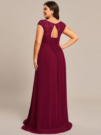 Plus Size Empire Waist Lace Bodice Evening Dress - Burgundy