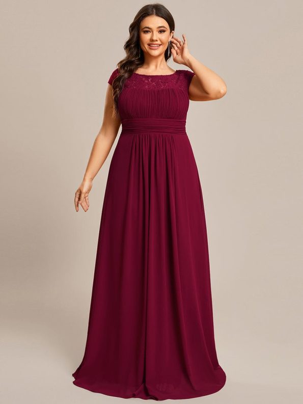 Plus Size Empire Waist Lace Bodice Evening Dress - Burgundy