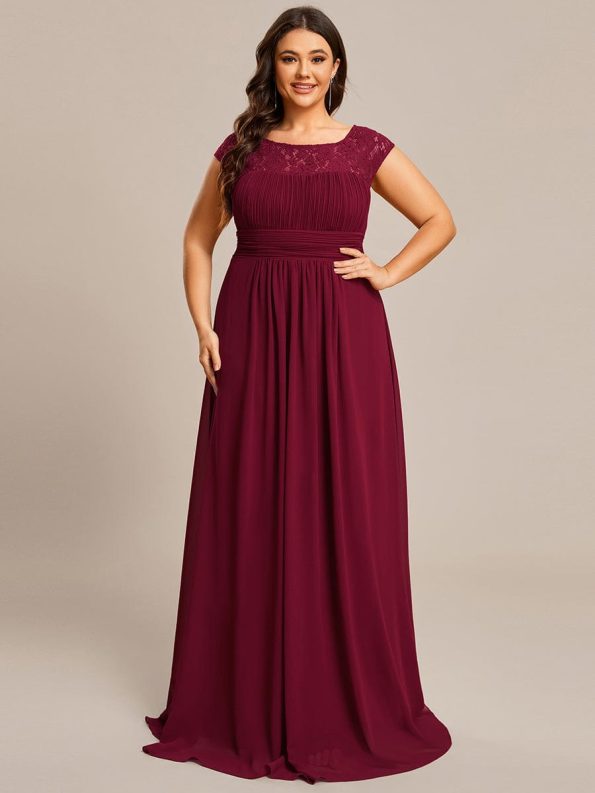 Plus Size Empire Waist Lace Bodice Evening Dress - Burgundy